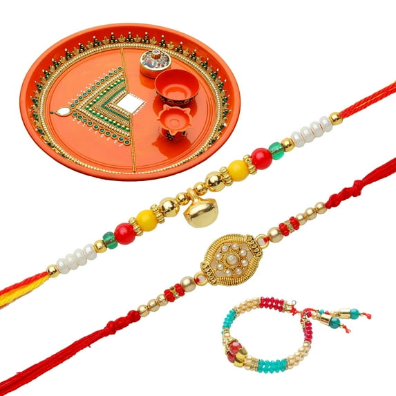 Rakhi Thali Plate Platter with Bhai Bhabhi Rakhi for Brother Bhabhi Puja Pooja Thali with Set of 3 Bracelet Rakhi Dora Moli Rakhi set Festival Raksha Bandhan Gift Set Aarti Pooja Rituals (Size- 10")