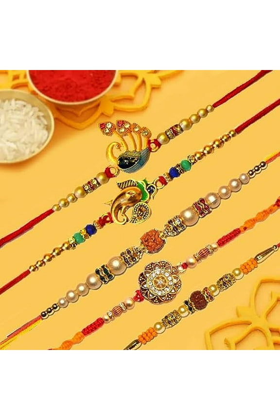 Rakhi for Brother Set of 5 on Raksha Bandhan | Rakih Bracelets Set of 5 | Designer Peacock Ganesha Rudraksha and diamonds Rakhi.