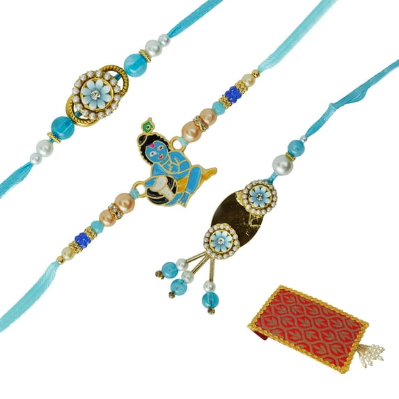 Rakhi set of 3 Family Pack Rakhi Lumba with dora for Brother and Bhabhi Kundan Beads Stone 3 Rakhis Rakhee Gifts for Bhai Veera Gift Pack Thread Bracelet Dori for Raksha Bandhan Festival