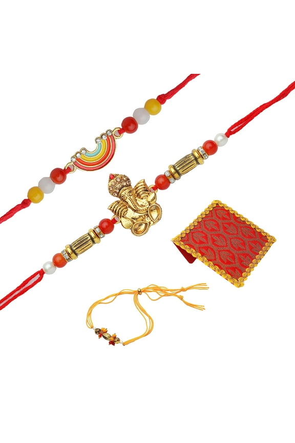 Rakhi set of 3 Family Pack Rakhi Lumba with dora for Brother and Bhabhi Kundan Beads Stone 3 Rakhis Rakhee Gifts for Bhai Veera Thread Bracelet Dori with Gift Pack in Bag for Raksha Bandhan Festival
