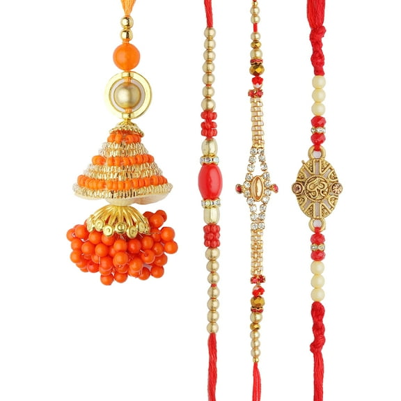Rakhi set of 4 Family Pack Rakhi Lumba with dora for Brother and Bhabhi Kundan Beads Stone 4 Rakhis Rakhee Gifts for Bhai Veera Gift Pack Thread Bracelet Dori for Raksha Bandhan Festival