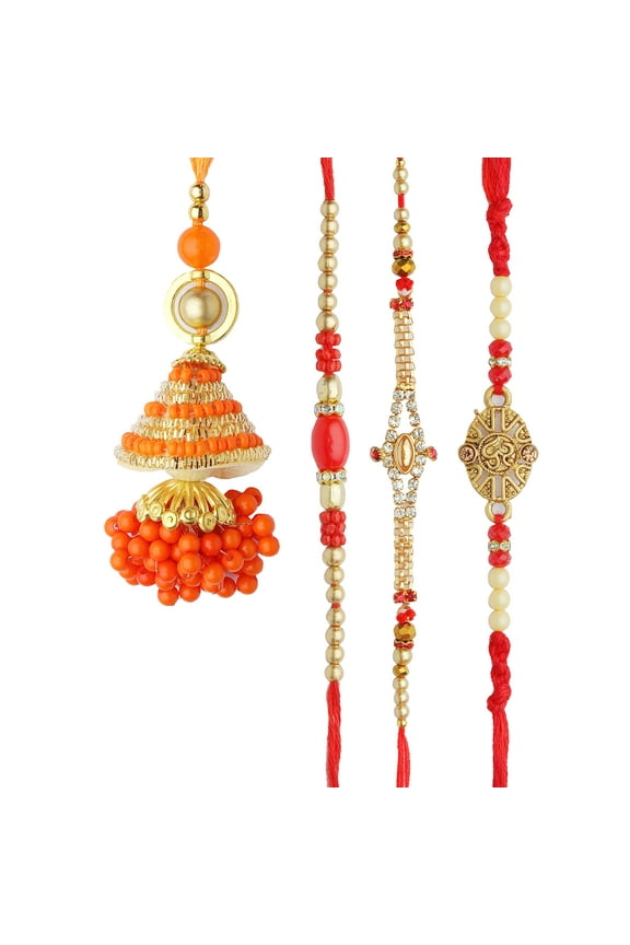 Rakhi set of 4 Family Pack Rakhi Lumba with dora for Brother and Bhabhi Kundan Beads Stone 4 Rakhis Rakhee Gifts for Bhai Veera Gift Pack Thread Bracelet Dori for Raksha Bandhan Festival