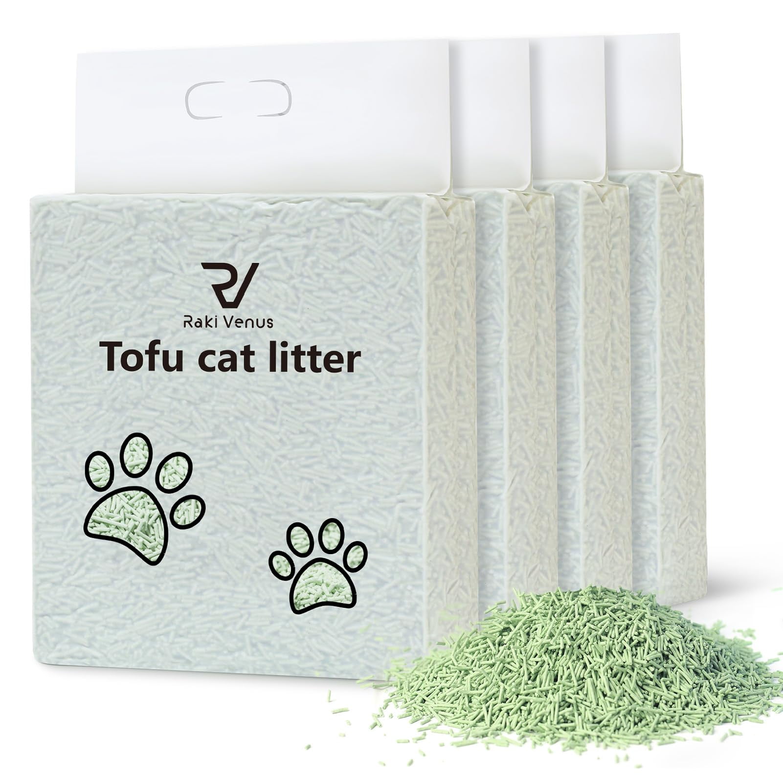 Raki Venus Tofu Cat Litter - Strong Clumping, Ultra Absorbent, Odor Control, Flushable, Low Tracking, Low Dust Tofu Litter Pellets 4 Packs/24LB (Green Tea) C80