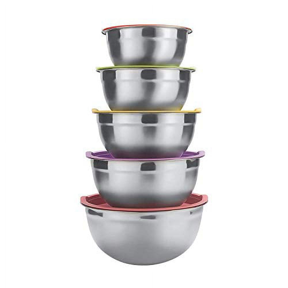 Raking 5 Piece Mixing Bowls Large 5 Quart Capacity Stainless Steel Bowl Set with Colorful Lids for Kitchen, Camping and Food Storage