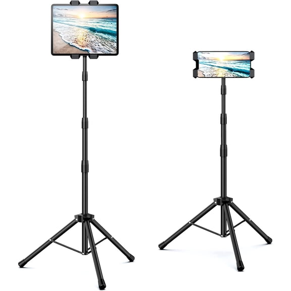 Raking Tablet Floor Stand, Height Adjustable Cellphone Floor Stand with 360Rotating Tripod Mount, Compatible with iPhone iPad mini/Air/Pro and All 5.5-12.9 Inch Devices