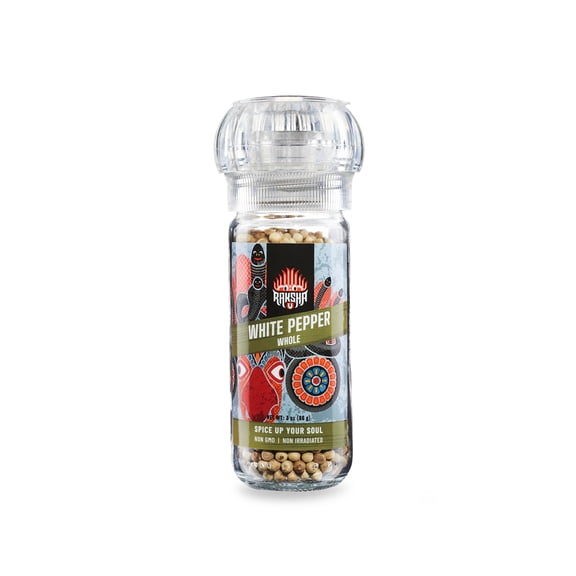 Raksha Single-Origin White Peppercorns from Sri Lanka, Whole, 3 oz Bottle