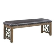 Benjara Ral 56" Solid Wood Padded Bench- Metal Scroll Design- Nailhead- Brown