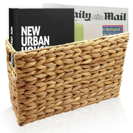 Ralahbeifm Hand-Woven Magazine Holder, Natural Magazine Basket Rack Water Hyacinth Narrow Basket Bin 15.5 x 5.75 x 9.5 Inch Magazine Wicker Basket for Storage, Bathroom, Office, Desk C30