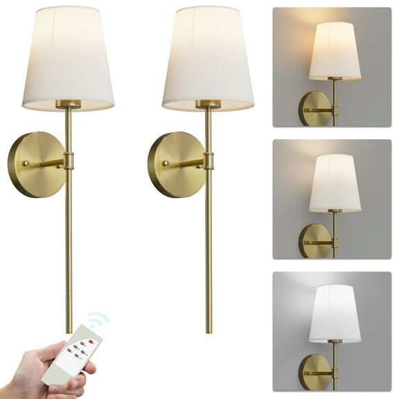 Ralbay Gold Battery Operated Wall Sconce Set of Two,3 Colors Dimmable Modern Wall Sconce,500Lumen Remote Control with Fabric Shade (Bulbs Include)