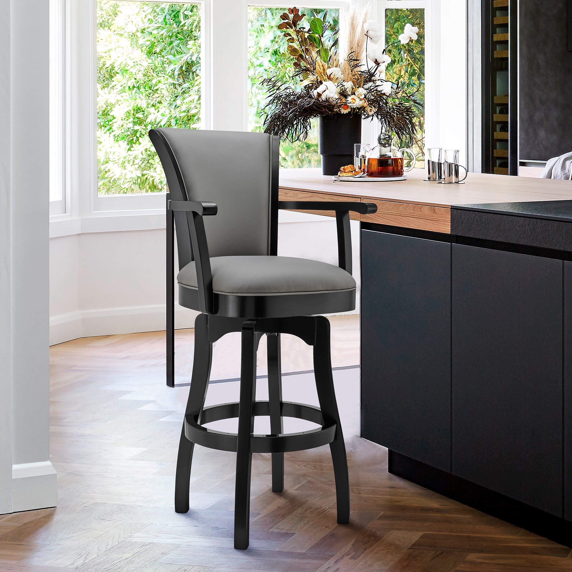 Raleigh 26" Gray Faux Leather Swivel Barstool with Black Wood Frame