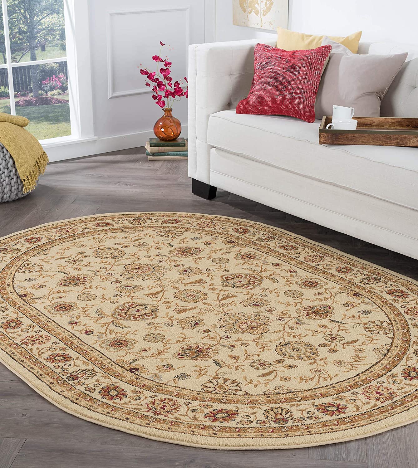 Raleigh Beige Large 7x10 Oval Area Rug for Living Room and Bedroom