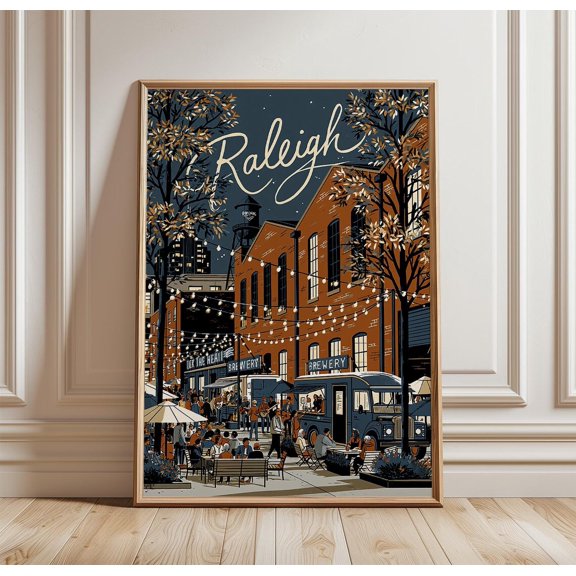 Raleigh Night String Light Street Print Nc Wall Art, Unframed Paper Print