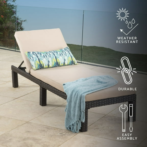Raleigh Outdoor Wicker Chaise Lounge with Cushion, Dark Brown and Beige