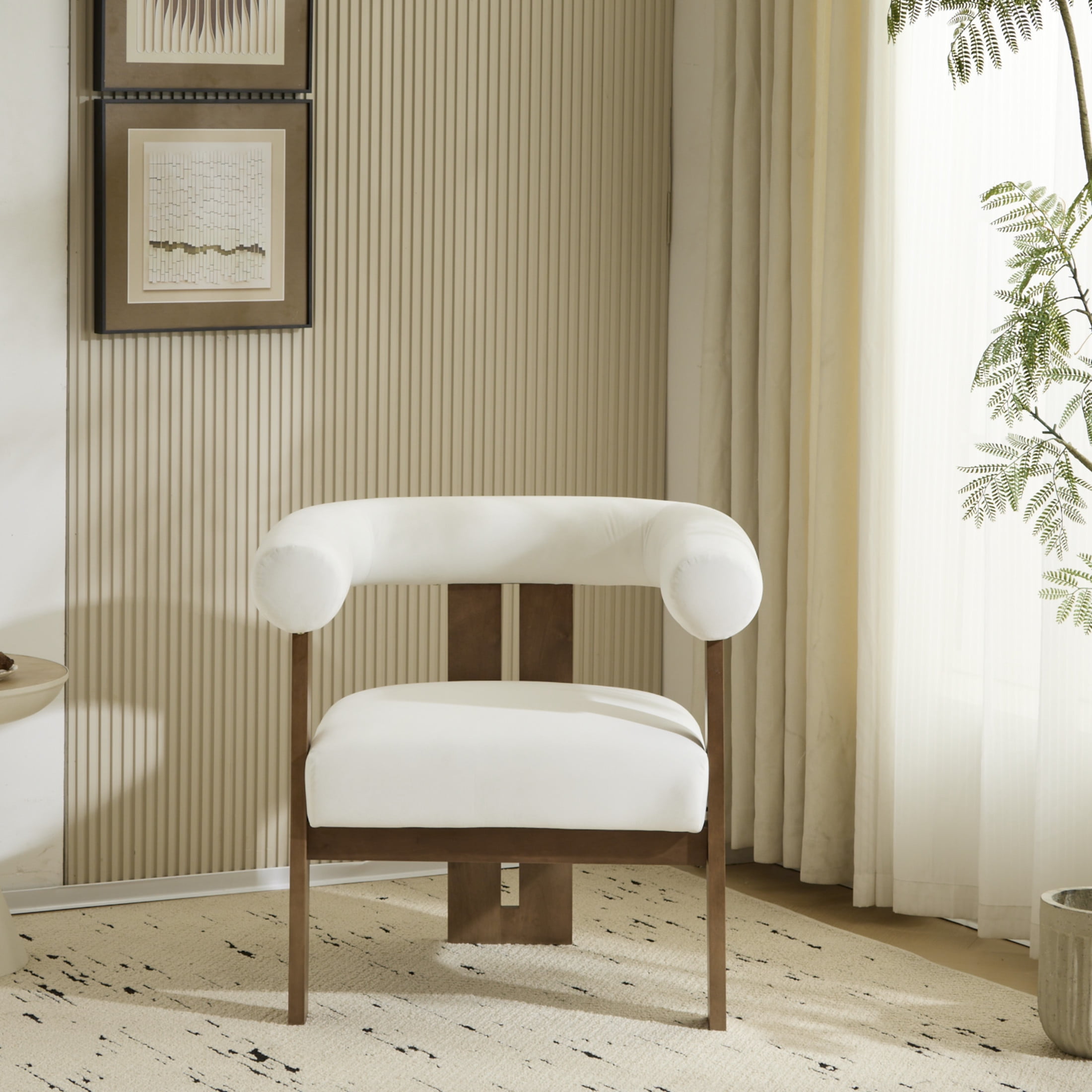 Ralis Modern Upholstered Velvet Accent Arm Chair, Wood, Beige + Walnut
