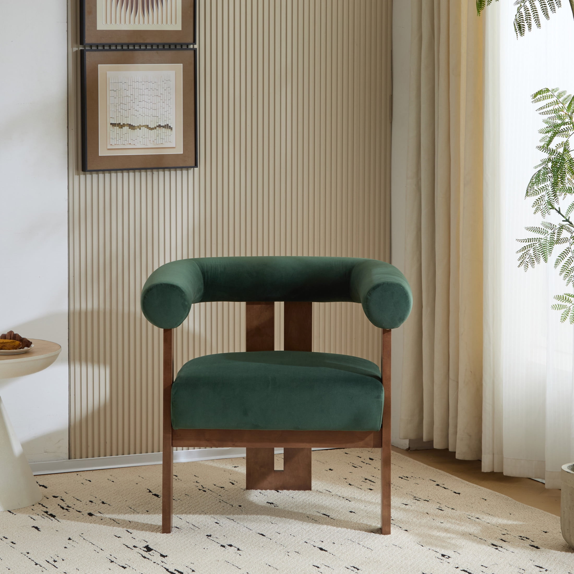 Ralis Modern Upholstered Velvet Accent Arm Chair, Wood, Green + Walnut