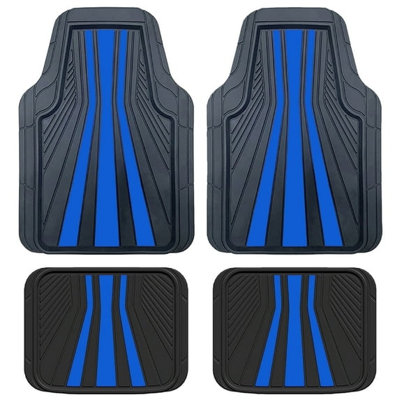 Rally 4-Piece Black with Blue Stripes Rubber Floor Mat Set