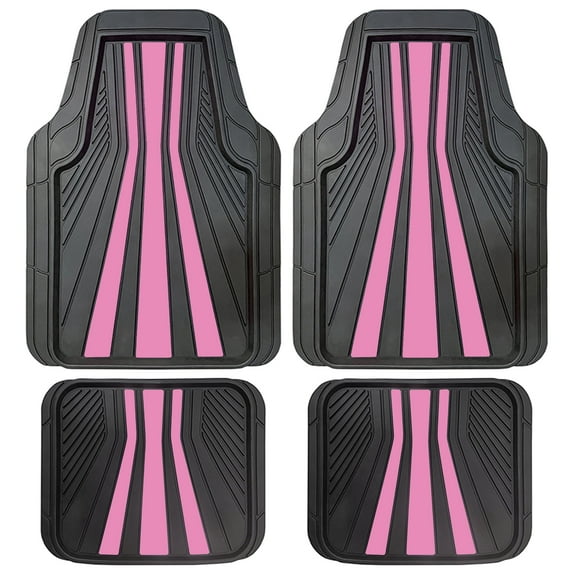 Rally 4-Piece Black with Pink Stripes Rubber Floor Mat Set