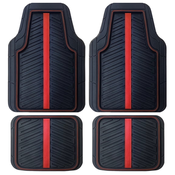 Rally 4-Piece Black with Red Carbon Fiber Stripe & Piping All-Weather Rubber Floor Mat Set Heavy Duty Universal Trim-to-Fit Car, SUV & Truck Mats