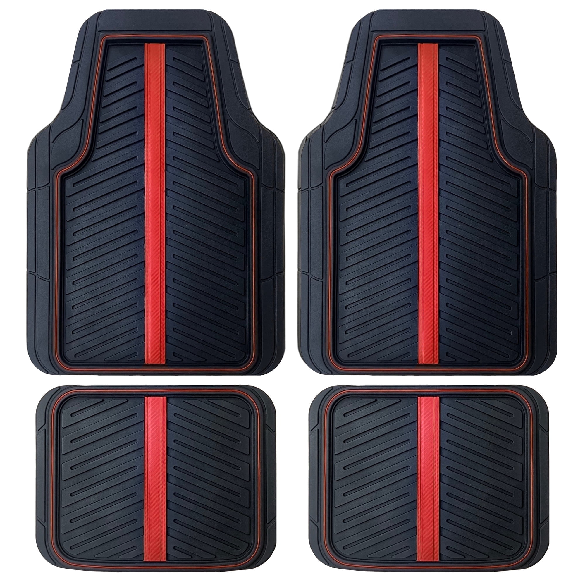 Rally 4-Piece Black with Red Carbon Fiber Stripe & Piping All-Weather Rubber Floor Mat Set – Heavy Duty Universal Trim-to-Fit Car, SUV & Truck Mats