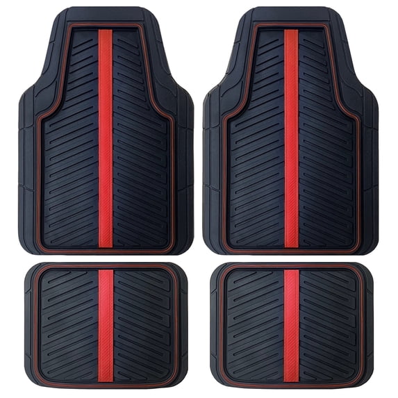 Rally 4-Piece Black with Red Carbon Fiber Stripe & Piping All-Weather Rubber Floor Mat Set – Heavy Duty Universal Trim-to-Fit Car, SUV & Truck Mats