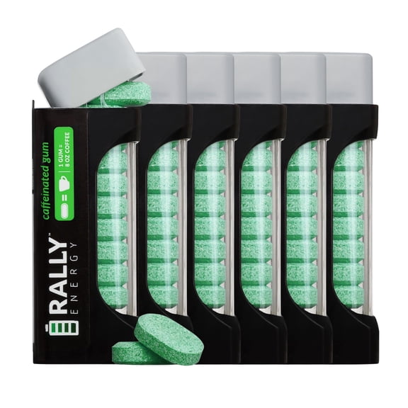 Rally Energy Caffeine Gum, Sugarless Gum with 60 mg of Caffeine for Fast-Acting Energy, Stay Alert, Long-Lasting, Variety Pack, Peppermint Flavor (6 Pack, 66 Pieces)