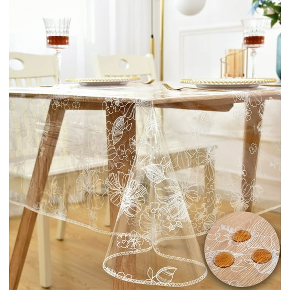 Rally Home Goods Indoor Outdoor Patio Premium Clear Vinyl Rectangular Tablecloth, Spill Proof Wipeable Cover for Dining Table, Clear Vinyl Imprinted White Floral, for Tables 60 x 102 Inch Oblong