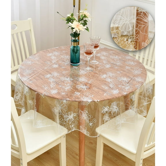 Rally Home Goods Indoor Outdoor Patio Premium Clear Vinyl Round Tablecloth, Spill Proof Wipeable Cover for Dining Table, Clear Vinyl Imprinted White Floral, for Round Tables up to 60 inch Diamater