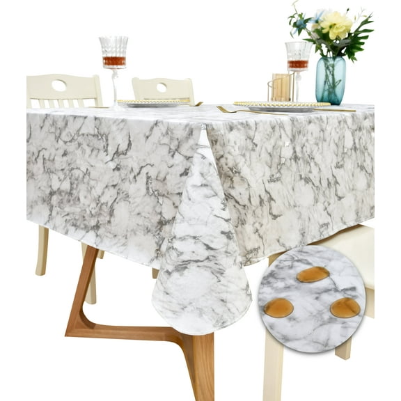 Rally Home Goods Indoor Outdoor Patio Premium Vinyl Rectangular Tablecloth, Flannel Backing, Spill Proof Wipeable Cover, Luxurious White Marble Pattern, for Tables up to 60 x 102 Inch