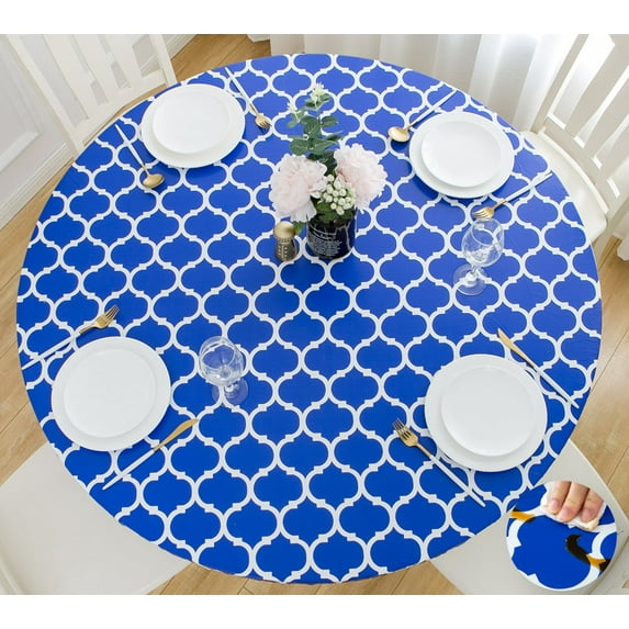 Rally Home Goods Indoor Outdoor Patio Round Fitted Vinyl Tablecloth, Flannel Backed & Elastic Edge, Oil & Waterproof Wipeable Cover, Blue Moroccan Trellis Patterns for 6-Seat Table of 43-56’’ Diameter