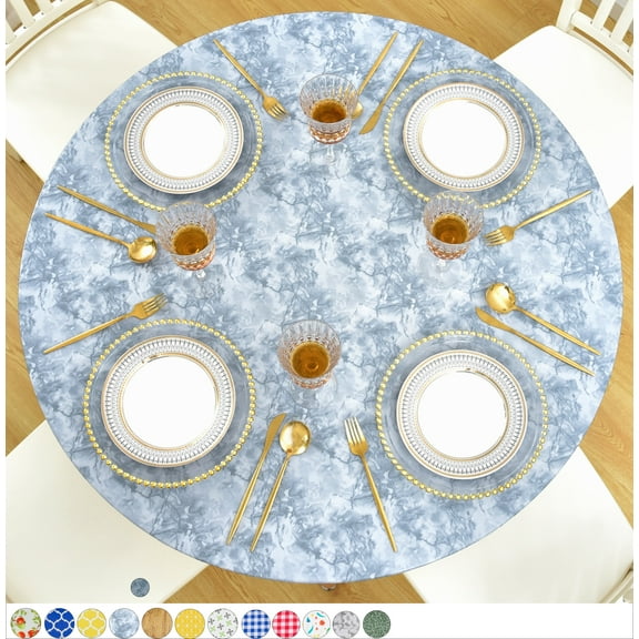 Rally Home Goods Indoor Outdoor Patio Round Fitted Vinyl Tablecloth, Flannel Backed & Elastic Edge, Oil & Waterproof Wipeable Cover, Classy Marble Patterns for 6-Seat Table of 43-56’’ Diameter