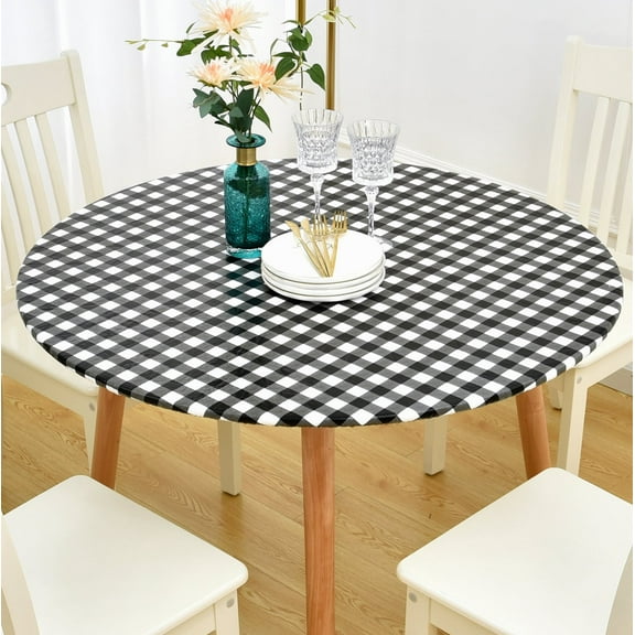 Rally Home Goods Indoor Outdoor Patio Round Fitted Vinyl Tablecloth, Flannel Backing, Elastic Edge, Waterproof Wipeable Cover, Black/White Gingham Plaid Check Plastic for 5-Seat Table of 36-42’’ Diam
