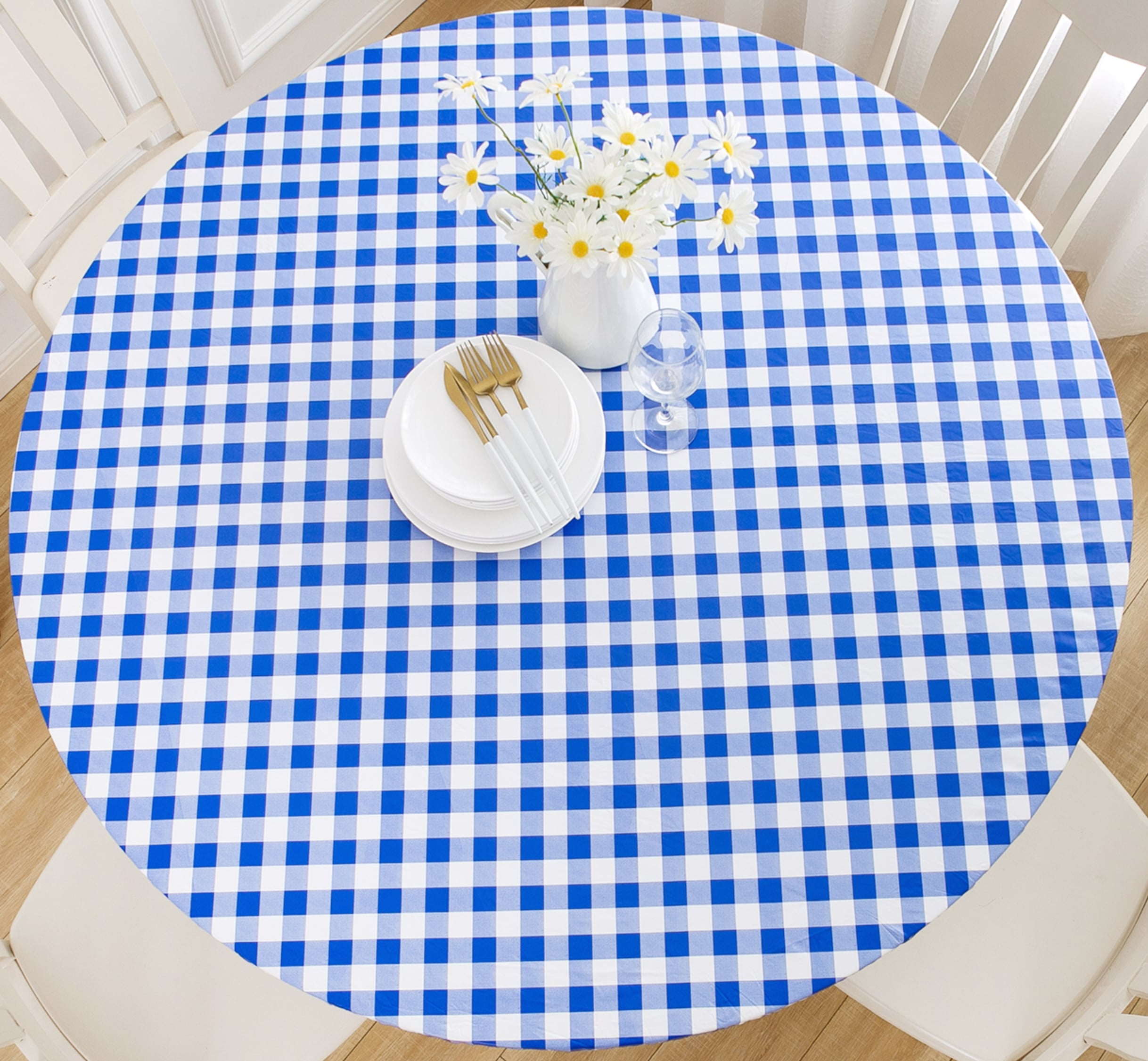 Blue and White Checkered Round Vinyl Tablecloth with Elastic Edge