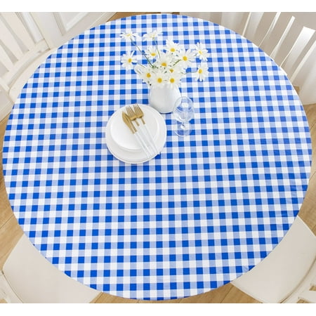 Rally Home Goods Indoor Outdoor Patio Round Fitted Vinyl Tablecloth, Flannel Backing, Elastic Edge, Waterproof Wipeable Cover, Blue-White Gingham Plaid Check Plastic for 5-Seat Table of 36-42’’ Diam