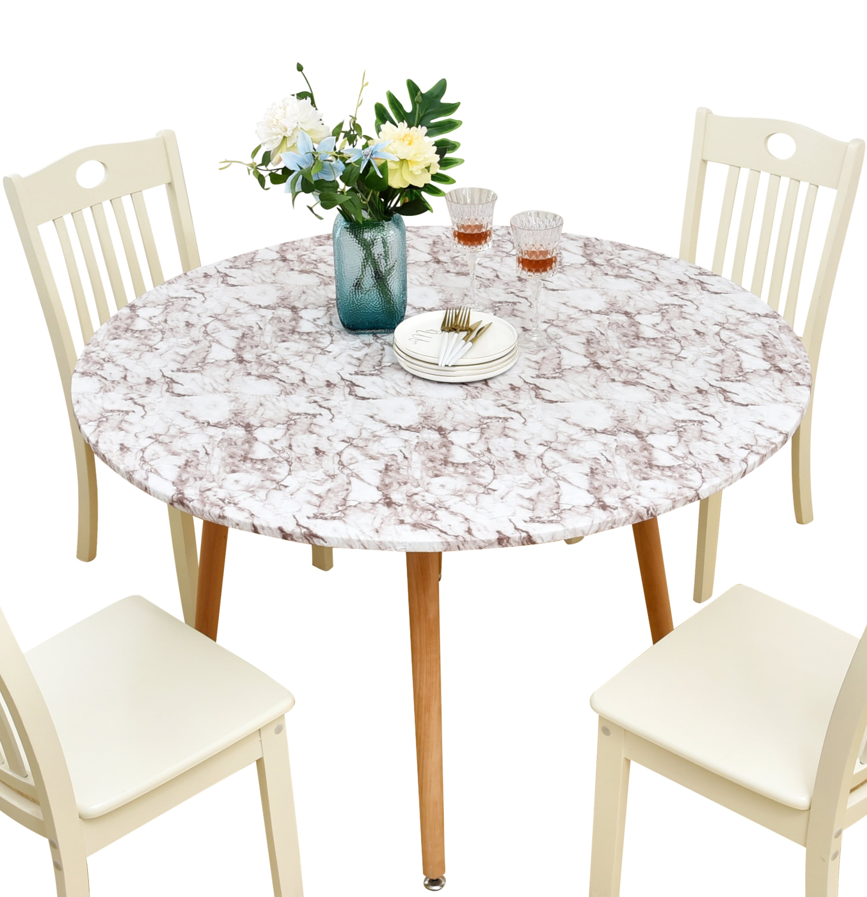 Beige Marble Round Vinyl Fitted Tablecloth with Glossy Finish