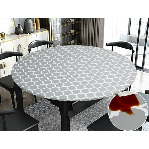Rally Home Goods Indoor Outdoor Patio Round Fitted Vinyl Tablecloth, Flannel Backing, Elastic Edge, Waterproof Wipeable Plastic Cover, Gray Arabic Trellis Pattern for 10-Seater 57-72’’ Diam (60, 70'')