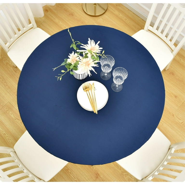 Rally Home Goods Indoor Outdoor Patio Round Fitted Vinyl Tablecloth Flannel Backing Elastic Edge Waterproof Wipeable Plastic Cover in Solid Blue