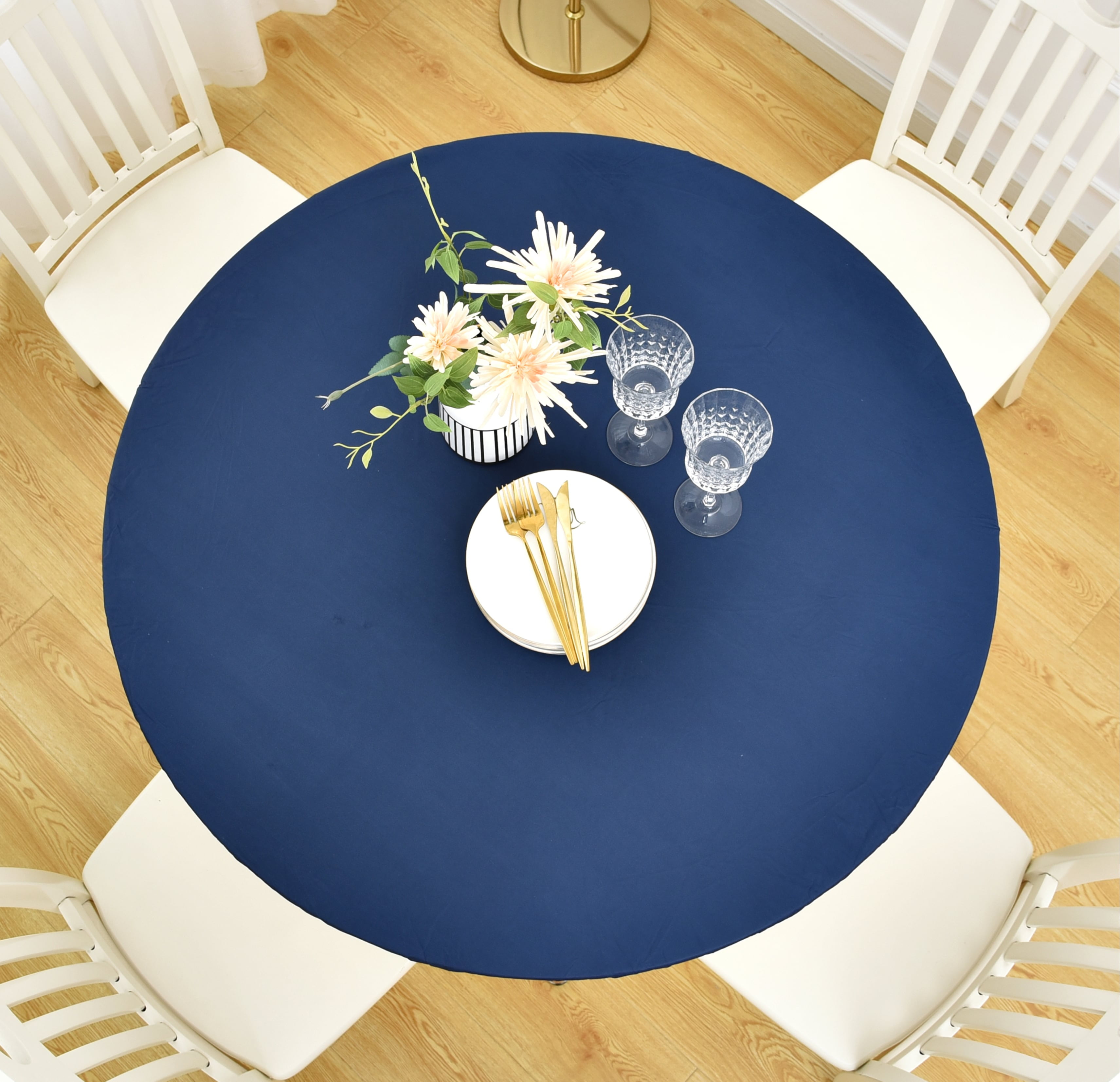 Rally Home Goods Indoor Outdoor Patio Round Fitted Vinyl Tablecloth, Flannel Backing, Elastic Edge, Waterproof Wipeable Plastic Cover in Solid Blue Color for 6-Seat Table of 43-56’’ Diameter