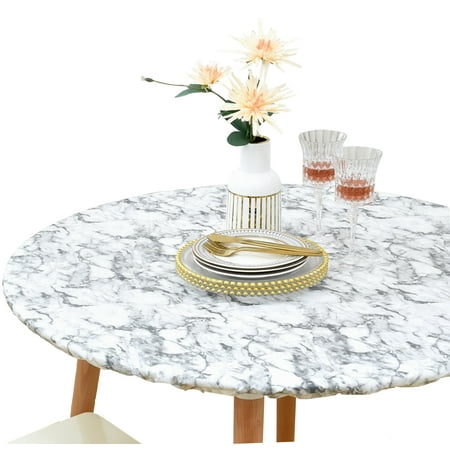 Rally Home Goods Indoor Outdoor Patio Round Fitted Vinyl Tablecloth, Flannel Backing, Elastic Edge, Waterproof Wipeable Plastic Cover, White Marble Pattern for 5-Seat Table of 36-42’’ Diameter
