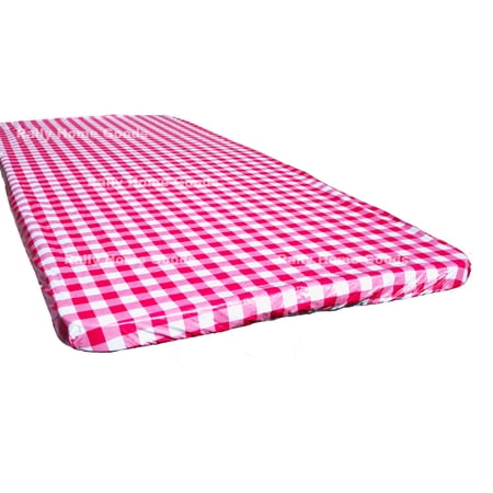 Rally Home Goods Outdoor Fitted Vinyl Rectangular Tablecloth with Flannel Backing for 6 FT Table (30 x 72''), Waterproof Wipeable Cover, Red/White Gingham Check Plastic for Camping Parties Picnic