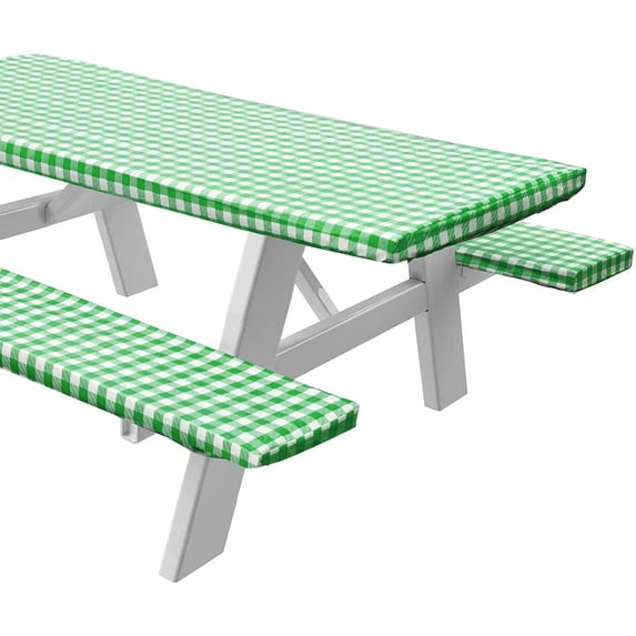 Rally Home Goods Outdoor Vinyl Tablecloth Rectangular Fitted Cover Table + Benches 3-pc, Flannel Backing Elastic 30x72'' (6-FT), Waterproof Wipeable, Green/White Gingham Check Plastic Camping Picnic