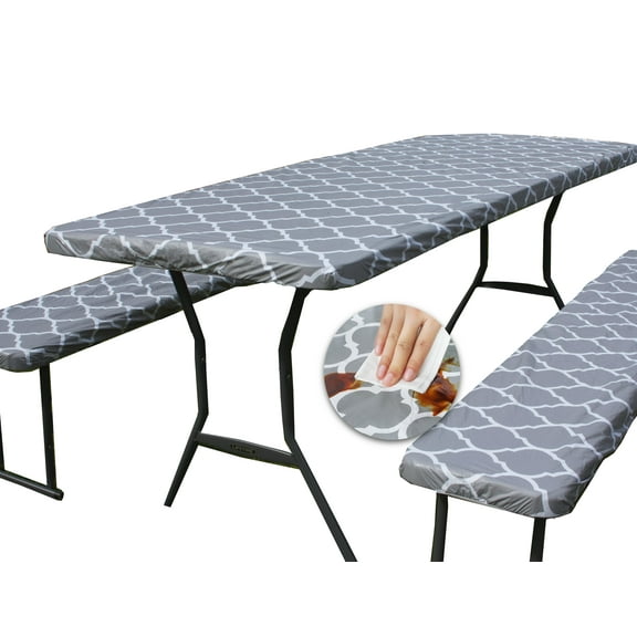 Rally Home Goods Outdoor Vinyl Tablecloth Rectangular Fitted Cover Table + Benches 3-pc Set, Flannel Backing Elastic 30x72'' (6-FT) Waterproof Wipeable, Gray Trellis Pattern Plastic Camping Picnic