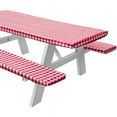 thumbnail image 1 of Rally Home Goods Outdoor Vinyl Tablecloth Rectangular Fitted Cover Table + Benches 3-pc Set, Flannel Backing Elastic 30x72'' (6-FT) Waterproof Wipeable, Red/White Gingham Check Plastic Camping Picnic, 1 of 6