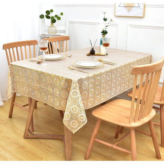 Rally Home Goods Vinyl Rectangular Tablecloth with Stamping Gold, Waterproof Wipeable Plastic Cover for OutDoor and Home Kitchen, Luxury Gold Floral Patterns, 55 x 70 Inch, Seats 4 - 6