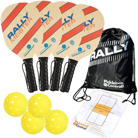 Rally Meister Beginner Wood Pickleball Paddle Set for 4 Players (4 Paddles + 4 Outdoor Pickleballs + Drawstring Bag + Rules/Strategy Guide)