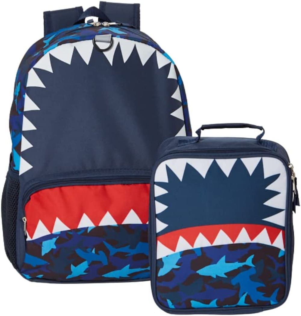 Wholesale Bape Cool Shark Large Backpack With Lunch Bag Set For Boys Girls  - Half Red Half Blue Camo: Kitchen & Dining