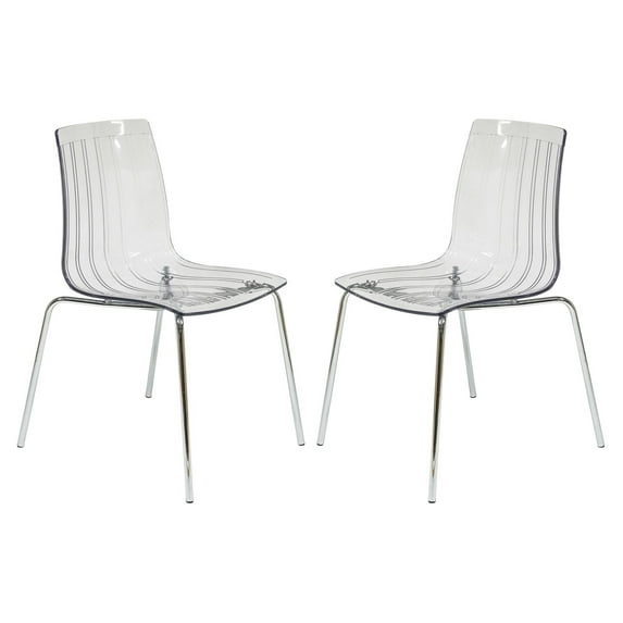 LeisureMod Ralph Mid-Century Dining Chair with Chrome Base in Clear, Set of 2