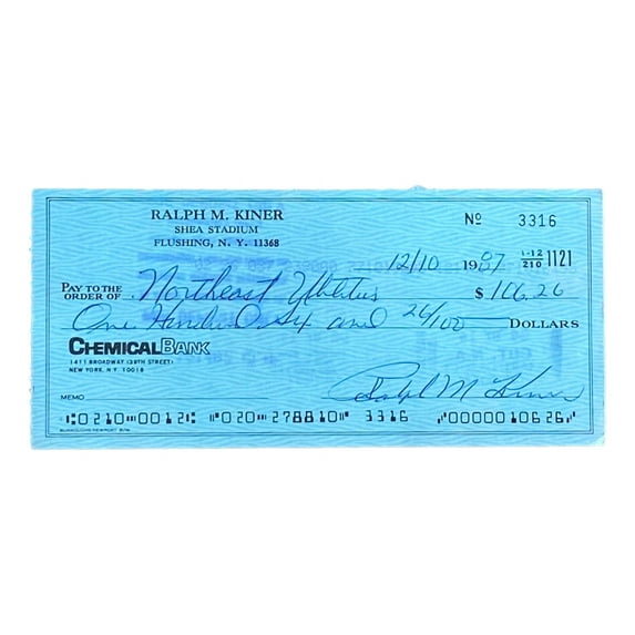 Ralph Kiner Pittsburgh Pirates Signed Bank Check #3316 BAS