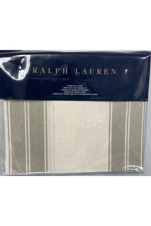 Amagansett Queen Flat Sheet Further Lane Ticking Tan Sage 100% Cotton
