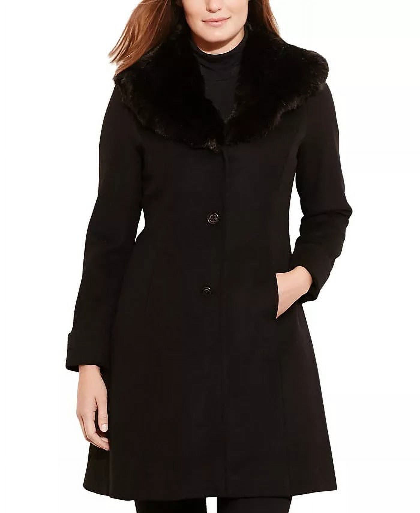 Ralph Lauren BLACK Faux Fur–Trim Wool-Blend Coat, US 8 - image 1 of 3