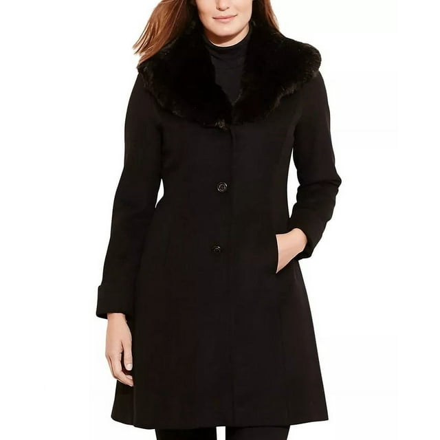 Ralph Lauren BLACK Faux Fur–Trim Wool-Blend Coat, US 8